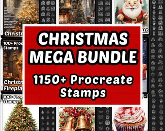 May include: A digital illustration of a Christmas mega bundle with over 1150 Procreate stamps. The image shows a variety of Christmas themed stamps, including trees, ornaments, cupcakes, and Father Christmas. The text "CHRISTMAS MEGA BUNDLE" is displayed in large, bold letters.