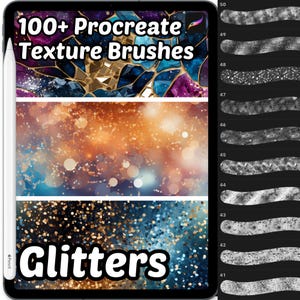 Op de afbeelding: Een digitale illustratie van een tabletscherm waarop een verzameling van meer dan 100 Procreate-textuurpenselen wordt weergegeven om glittereffecten te creëren. De tekst "Glitters" wordt op het scherm weergegeven. De penselen worden weergegeven in een genummerde lijst aan de rechterkant van het scherm.