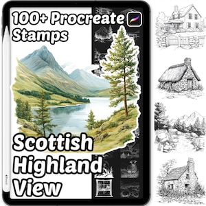 以下が含まれることがあります： タブレットに表示されたデジタルアート製品。テキストは「100+ Procreate Stamps」と「Scottish Highland View」。画像には、山と湖の風景画、スコットランドのシーンの白黒スケッチが含まれています。