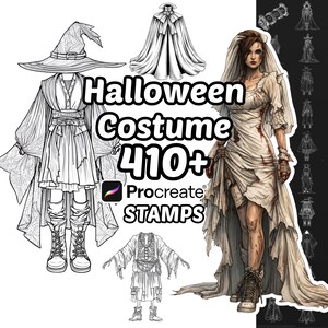 May include: A digital collection of Halloween Costume 410+ Procreate STAMPS featuring black and white line art illustrations of various outfits, including a witch costume, a cape, and a tattered wedding dress with a veil and lace-up boots.