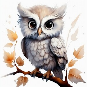 May include: A cute cartoon owl with large, round eyes and a fluffy white and brown body. The owl is perched on a branch with brown leaves.
