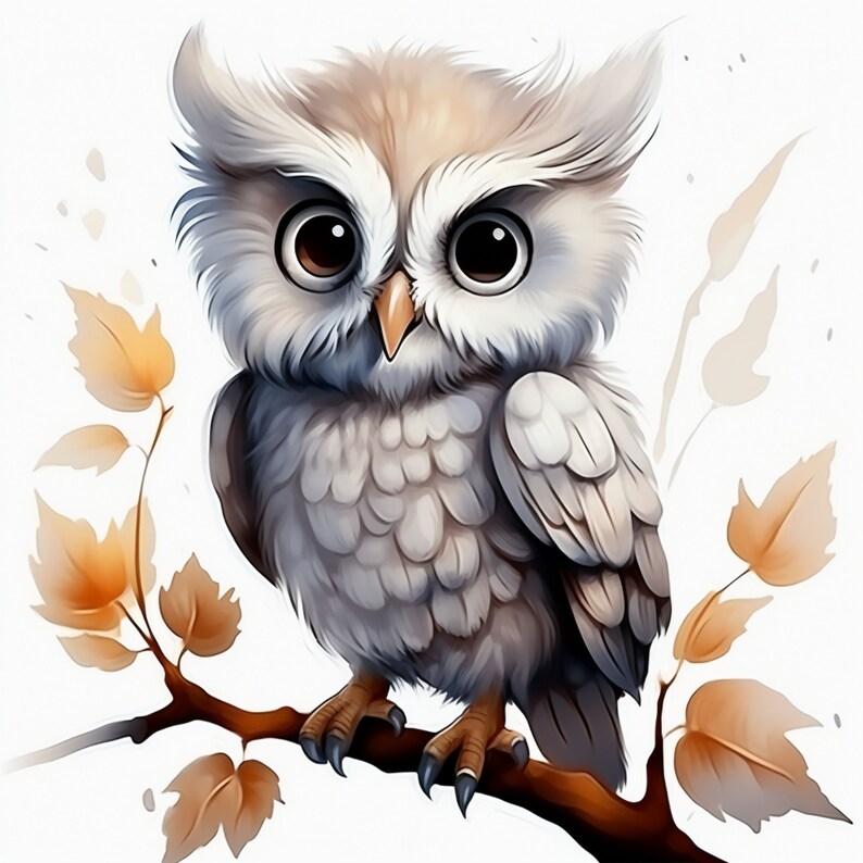 May include: A cute cartoon owl with large, round eyes and a fluffy white and brown body. The owl is perched on a branch with brown leaves.