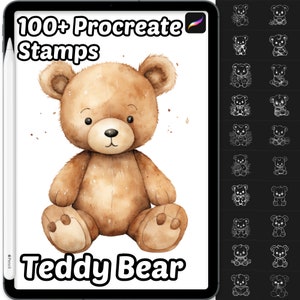 May include: A digital illustration of a brown teddy bear with a watercolor effect. The bear is sitting with its legs crossed and its arms at its sides. The image is part of a set of 100+ Procreate stamps.
