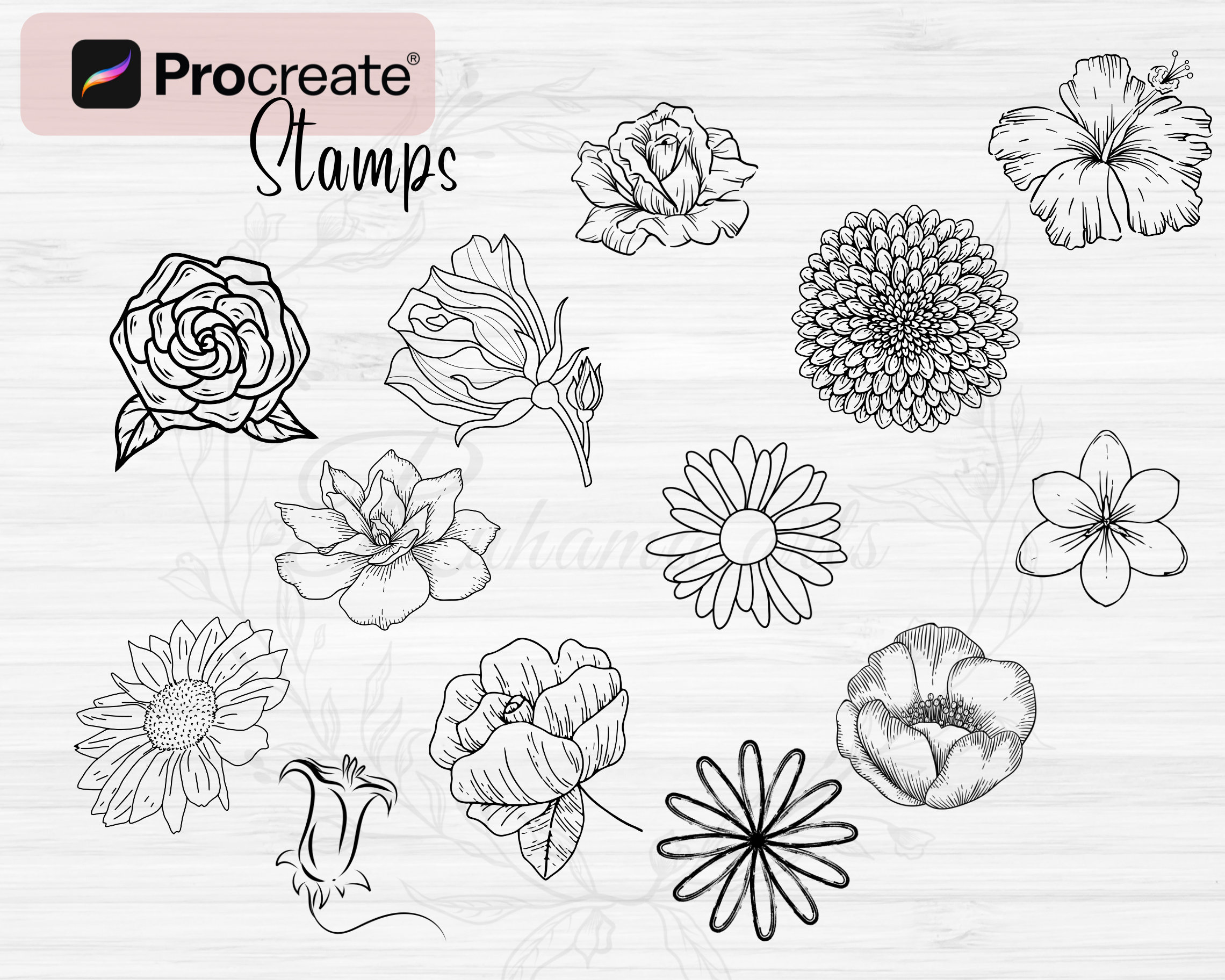Procreate Flower Stamps | 100 Flower Botanical Procreate Stamps |flower ...