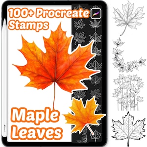 May include: A tablet screen displaying a digital art design of an orange maple leaf, with the text "100+ Procreate Stamps" and "Maple Leaves." The design includes various leaf illustrations and a stylus.
