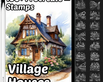 May include: 100+ Procreate Stamps Village Houses. A digital illustration of a charming cottage with a brown roof, white walls, and green vines. The cottage is surrounded by lush greenery and flowers. The image also includes a collection of 20 black and white line drawings of various village houses.