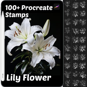 May include: 100+ Procreate Stamps Lily Flower. A digital illustration of white lilies with water droplets on the petals against a black background. The image includes a digital stylus and a Procreate app icon.