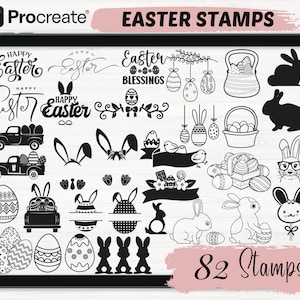 May include: A digital illustration of 82 black and white Easter stamps. The stamps include bunnies, eggs, baskets, flowers, and the words "Happy Easter" and "Easter Blessings".