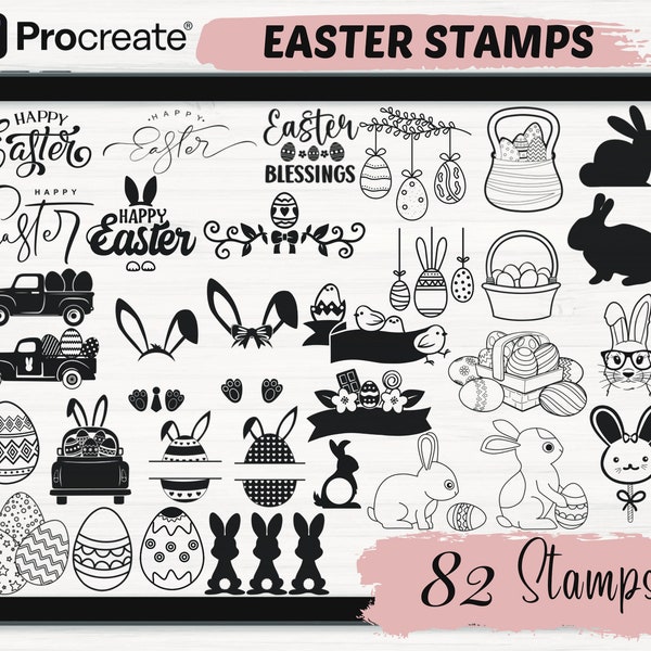 Procreate Easter Stamps | 82 Easter Procreate brushes | Procreate Easter bunny shapes | Floral procreate stamps | Procreate brushes