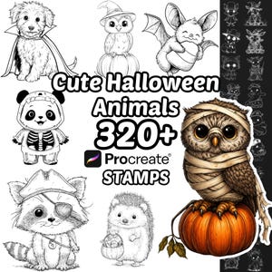 Pode incluir: Uma coleção digital de mais de 320 ilustrações de animais de Halloween para Procreate, com desenhos de um filhote com capa, um panda esqueleto, um guaxinim pirata, um ouriço e uma coruja colorida envolta em bandagens sobre uma abóbora.