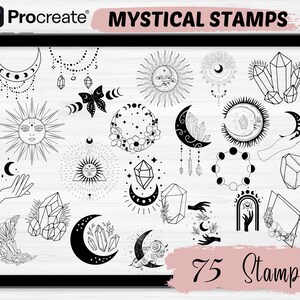 May include: A digital illustration of 75 mystical stamps featuring sun, moon, crystals, and other celestial designs. The stamps are black and white and are displayed on a white background.