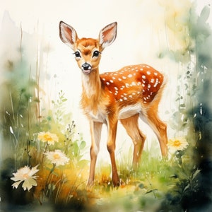 May include: A watercolor painting of a young fawn with brown and white spots standing in a field of wildflowers. The fawn is looking to the side with its mouth slightly open, as if it is about to speak.