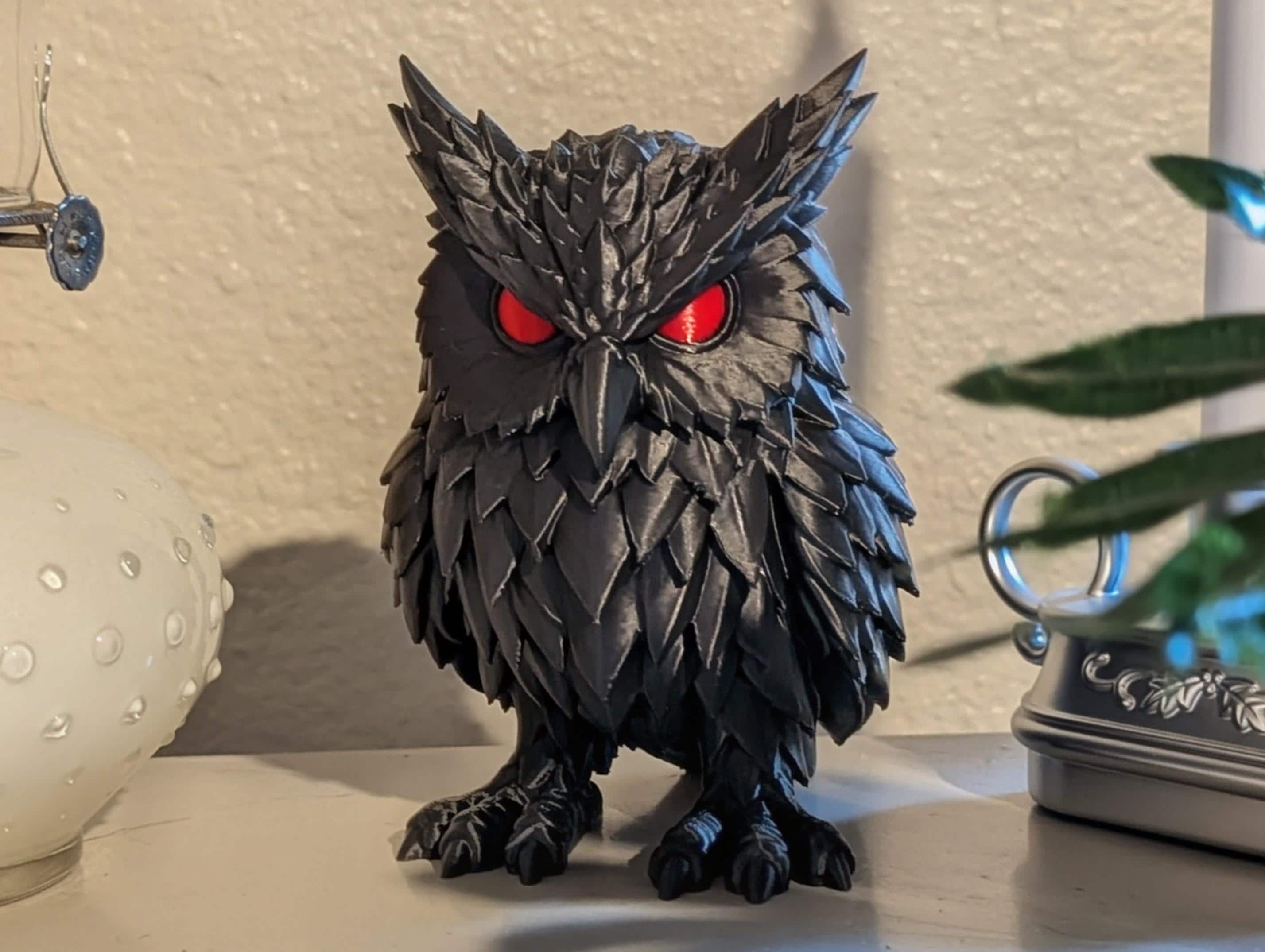 Crimson Watcher Owl 3D Printed Figurine, Gothic Fantasy Shelf Decor