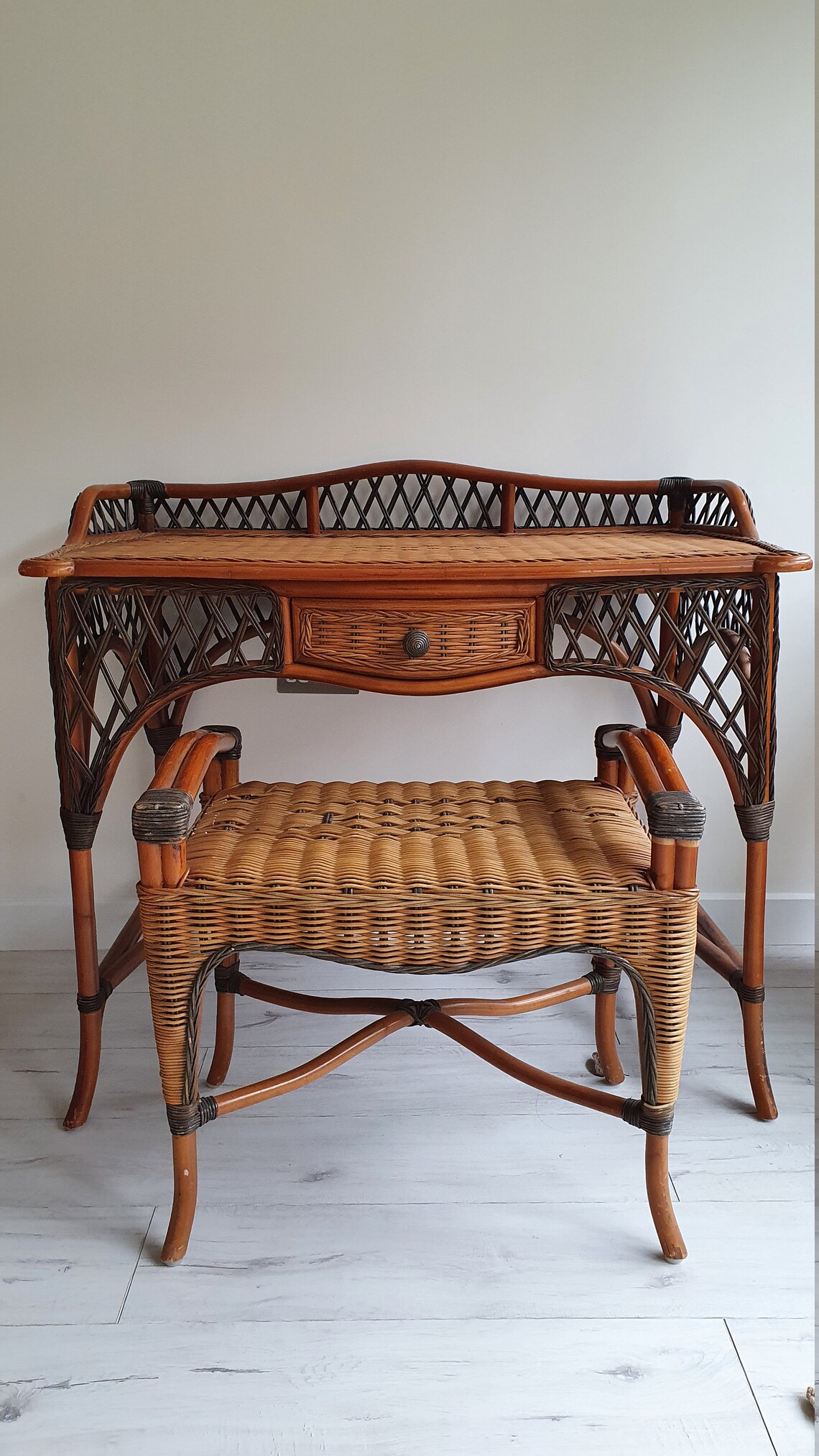 Vintage rattan dressing table with drawer stool and mirror Etsy
