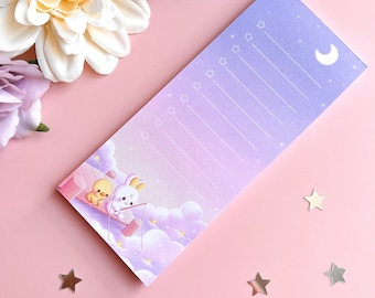 Dreamy Notepad with 50 pages | Cute Bunny and Chicken with Stars Illustration | Good as To-do List or Shopping List