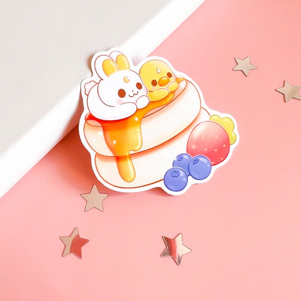 Cute Pancake with Berries Sticker | Handmade Sticker with Bunny and Chicken Illustration | Kawaii Stationery for your Planner, Bujo, Journal