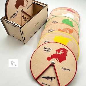 Tiere auf Kontinenten lernen, 7 Kontinente Rad und Kasten-Set, Montessori Lernspielzeug für Kinder, lustiges Geographie-Lernspiel, 42 Tiere