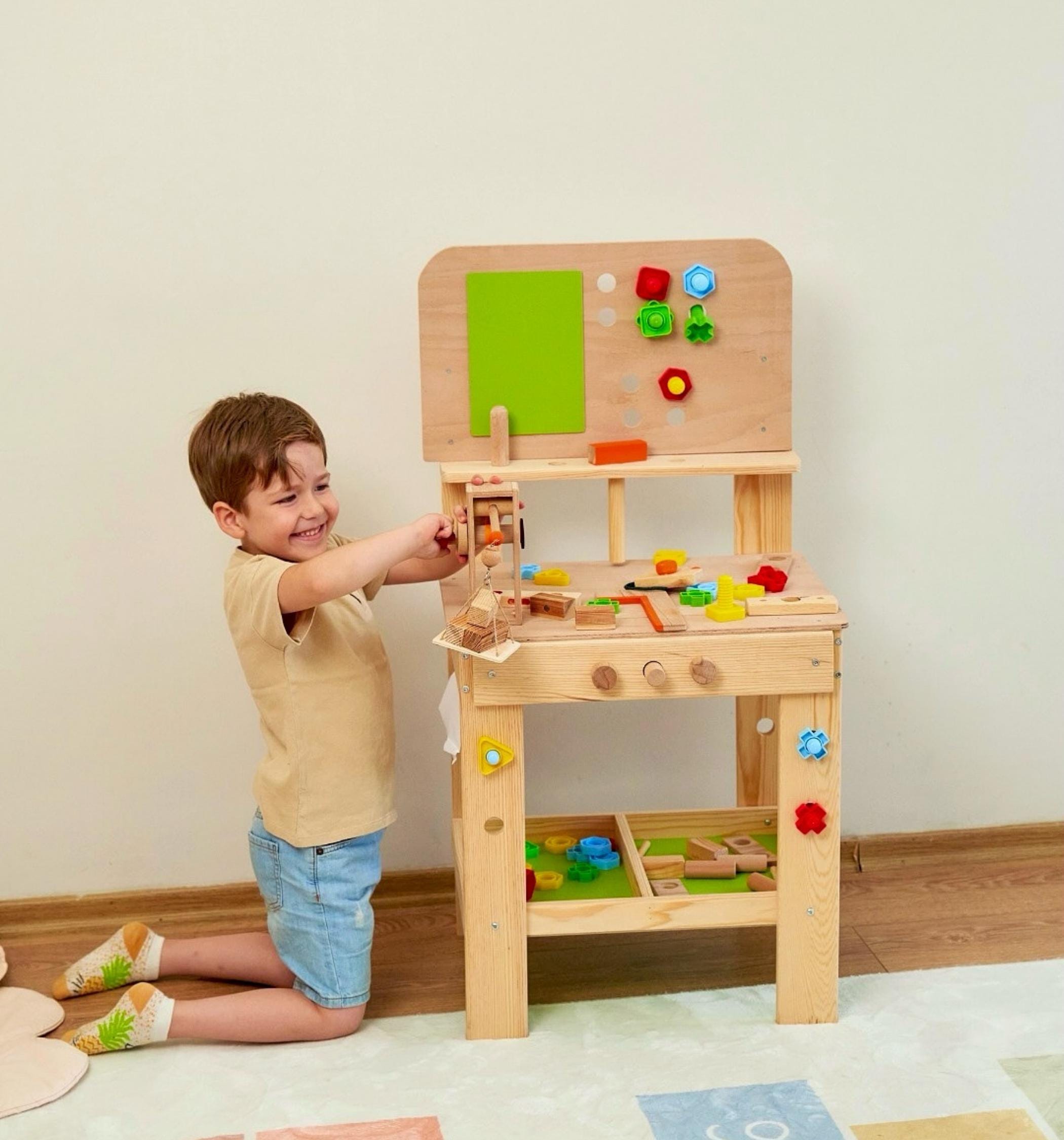 Montessori Wooden Workbench for Kids With 72 Tools, Handmade