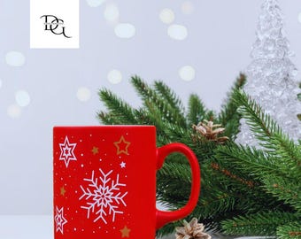 Taza navideña con copos de nieve, regalo navideño perfecto con diseño festivo, detalles de renos y copos de nieve, taza de Nochebuena, taza de café de cerámica