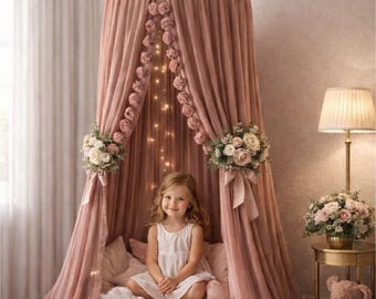 Large Dusty Rose Kids Bed Canopy, Montessori Play Tent With Pompoms, Playhouse Tent for Toddler, Dreamy Baby Room Gift, Tulle Princess Tent,