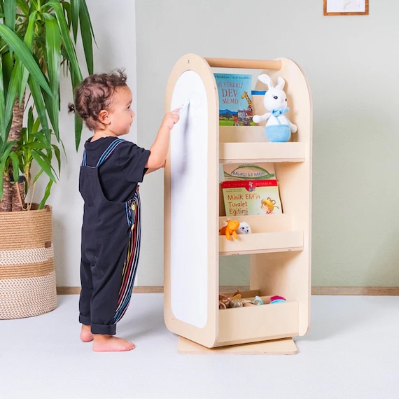 Montessori Wooden Rotating Bookshelf for Kids Room, 90cm Height Book Storage Organizer, Toddler Bookcase, Nursery Book Display, Toy Storage