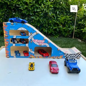 Wooden Car Garage with Jump Ramp for Kids,  Montessori Car Parking Playset Storage, Boys Birthday Gift, Toddler Boy Gift, Vehicles Storage,