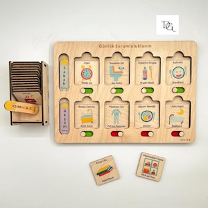 子供向けの毎日の責任パズル、子供の毎日の責任表、楽しく教育的な木製の家事表、朝/夜のチェックリスト