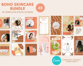 Modello Instagram Boho/ 40 Post Instagram per la cura della pelle/ Pretty Branding/ Modelli di post Instagram Canva/ Post modificabili