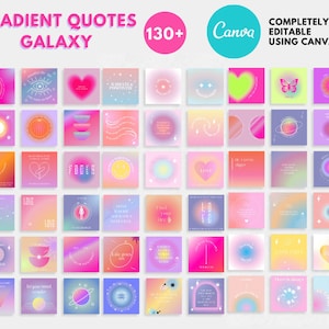 May include: A collection of 30 gradient quote templates featuring various colors and designs. The templates are editable using Canva and include quotes such as "Let your mind wander", "Love", and "Focus".