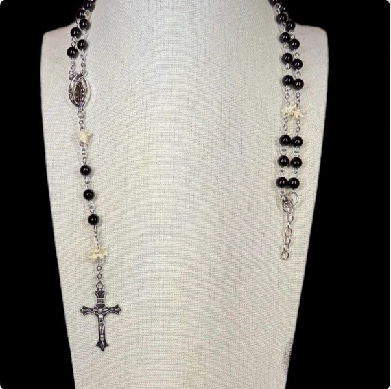 Handmade Gothic Bone Rosary Choker | Black Beaded Rosary With