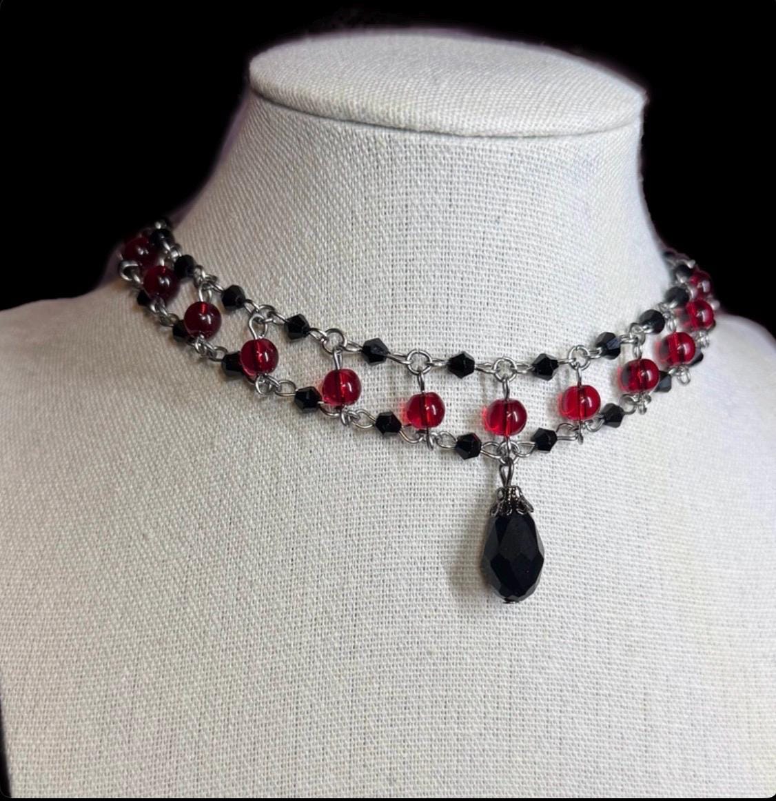 Gothic Victorian Dark Red and Black Beaded Choker Necklace | Crystal ...
