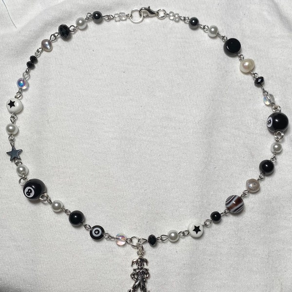 The Garden inspired black and white beaded choker necklace with jester charm, dice beads and 8 ball beads