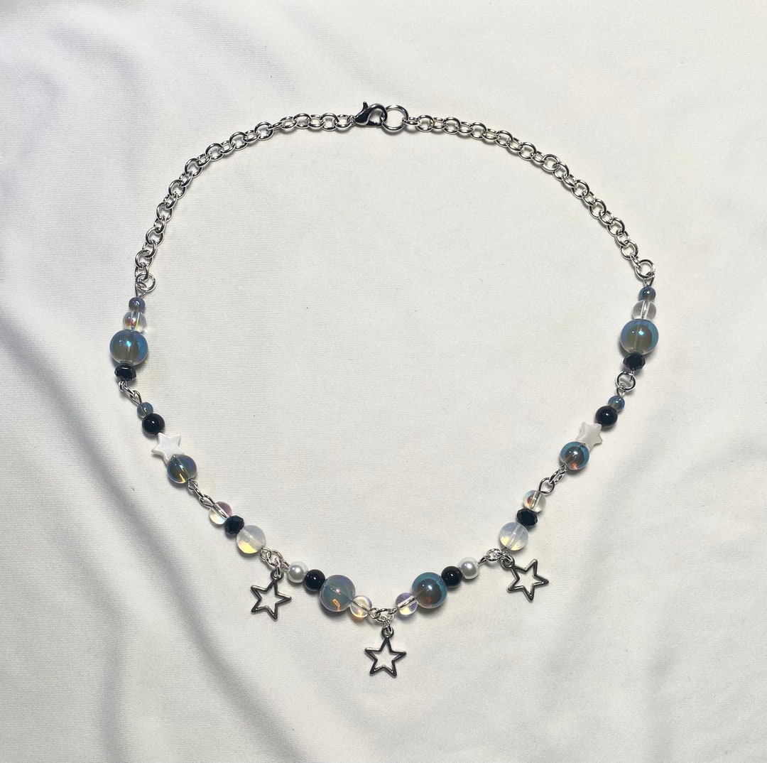 Fairy Blue Glass Beaded Necklace With Chain and Star Charms Etsy
