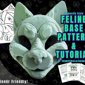 Może przedstawiać: Wzór podstawy głowy kota z zielonej pianki i samouczek do stworzenia futrzanej maski. Wzór zawiera instrukcje dotyczące tworzenia uszu, nosa i ust. Samouczek jest przyjazny dla początkujących.