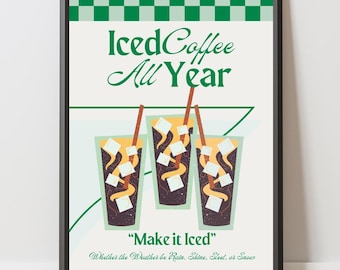 Vintage retro ijskoffieposter – koffieliefhebber muurkunst ijskoffie het hele jaar ijskoffie cadeau digitale download