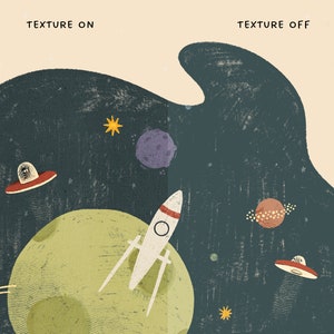 以下が含まれることがあります： ロケット、惑星、星、UFOが描かれた宇宙のイラストです。「TEXTURE ON」と「TEXTURE OFF」の文字が上部にあります。緑、青、赤、黄、紫の色合いが使われています。