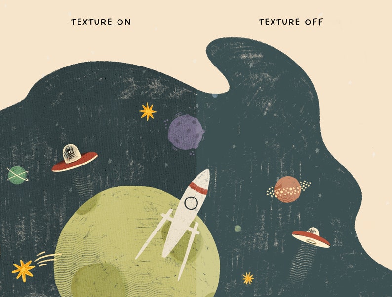 以下が含まれることがあります： ロケット、惑星、星、UFOが描かれた宇宙のイラストです。「TEXTURE ON」と「TEXTURE OFF」の文字が上部にあります。緑、青、赤、黄、紫の色合いが使われています。