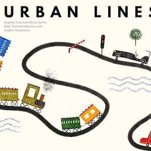 May include: A black and white illustration of a winding road with a train and cars. The train is made up of several colorful boxcars. The cars are red and black. The road is surrounded by blue wavy lines and green trees. The text "URBAN LINES" is at the top of the image. The text "Graphite Procreate Brush Set for Bold, Textured Sketches and Graphic Illustrations" is below the title.