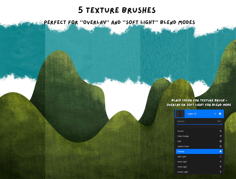 May include: Five texture brushes for digital art. The image shows a digital painting of green hills with a blue sky. The text "5 TEXTURE BRUSHES" is at the top of the image. The text "PERFECT FOR "OVERLAY" AND "SOFT LIGHT" BLEND MODES" is below the title. The text "BLACK COLOR FOR TEXTURE BRUSH - OVERLAY OR SOFT LIGHT FOR BLEND MODE" is at the bottom of the image. A digital menu shows the "Overlay" and "Soft Light" blend modes.