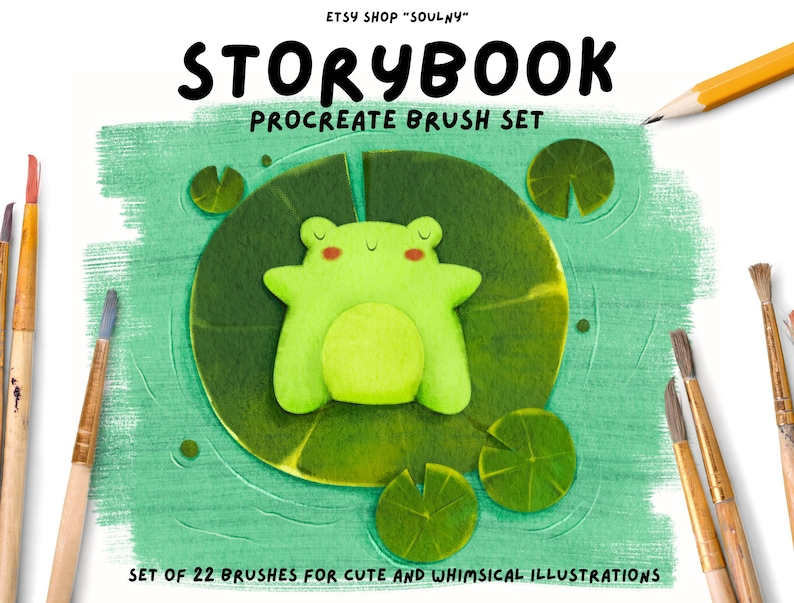 May include: A set of 22 Procreate brushes for creating cute and whimsical illustrations. The brushes are designed to create a storybook aesthetic, with a green frog sleeping on a lily pad.