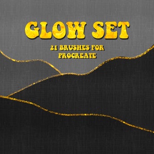 May include: A digital illustration of a gold glitter design with the text "GLOW SET 21 BRUSHES FOR PROCREATE" in yellow letters on a gray background.