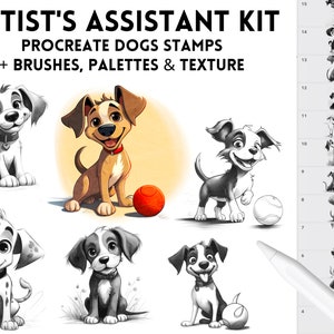 Paquete de sellos Procreate para dibujo de animales / Lindos bocetos de perros caprichosos para iPad / Pinceles Procreate / Textura de papel de superposición gratuita / Dibujos animados