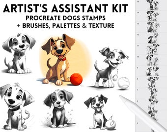Paquete de sellos Procreate para dibujo de animales / Lindos bocetos de perros caprichosos para iPad / Pinceles Procreate / Textura de papel de superposición gratuita / Dibujos animados