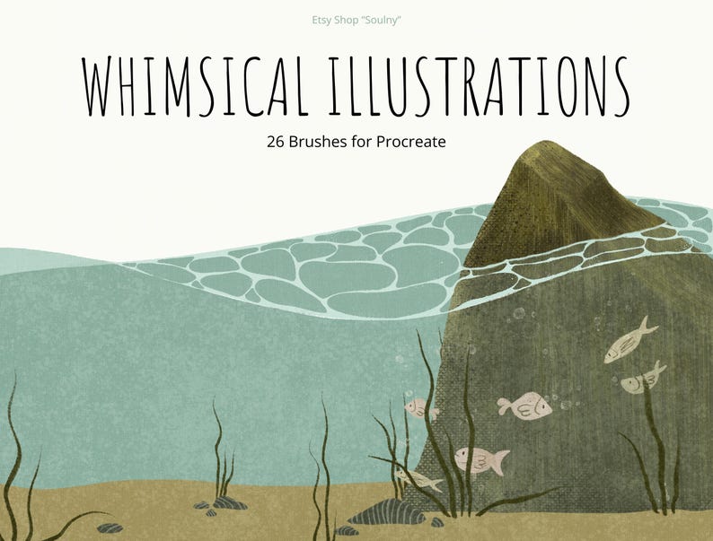 May include: Whimsical Illustrations: 26 brushes for Procreate. A digital illustration of a rocky underwater scene with green seaweed, light blue water, and pink fish.