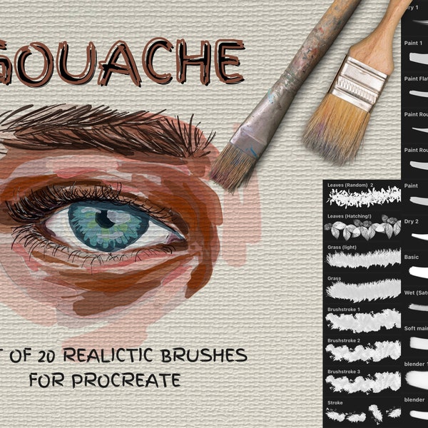 Set of 20 Realistic Gouache Procreate Brushes, Including Blender Brush + FREE Canvas Textures | Paint Brushes | Nature Brush Stamps