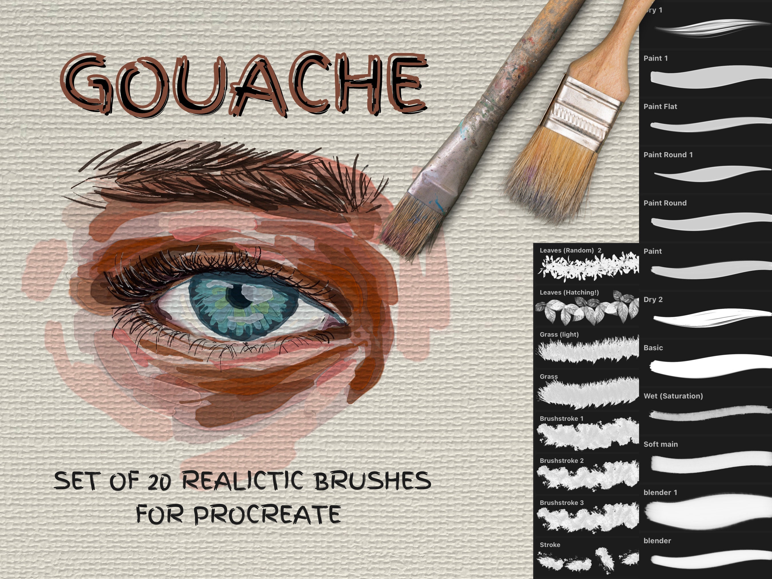 Set of 20 Realistic Gouache Procreate Brushes, Including Blender Brush FREE  Canvas Textures Paint Brushes Nature Brush Stamps 