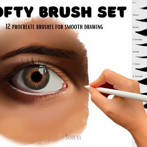 Könnte beinhalten: Ein Set mit 12 Procreate-Pinseln für sanftes Zeichnen. Das Bild zeigt eine Nahaufnahme eines Auges mit einer Hand, die einen Stift hält, und eine Liste von Pinselnamen und ihren entsprechenden Pinselstrichen.