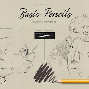 May include: Digital art brush set for Procreate, featuring the text "Basic Pencils". The image includes sketches of cartoon characters, a yellow pencil, and a brush stroke example. The set includes 6 brushes and a canvas brush.