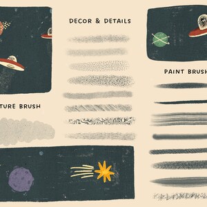 以下が含まれることがあります： 宇宙をテーマにしたイラストが特徴のデジタルアート要素。惑星、星、彗星のある濃い青色の背景が含まれています。テクスチャブラシとペイントブラシのサンプルも表示されています。