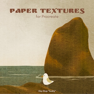 Puede incluir: Impresión de arte digital que presenta una escena costera con una gran formación rocosa marrón y un pequeño pájaro. El texto "PAPER TEXTURES for Procreate" se muestra en la parte superior. El nombre de la tienda Etsy "Soulny" está en la parte inferior.